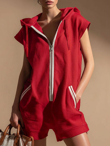 Hooded Zippered Color-blocked Double-pocket Sleeveless Short Jumpsuit