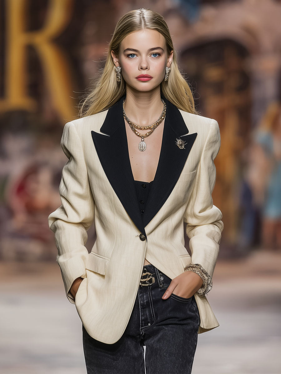 Color-blocked Casual Single-button Blazer