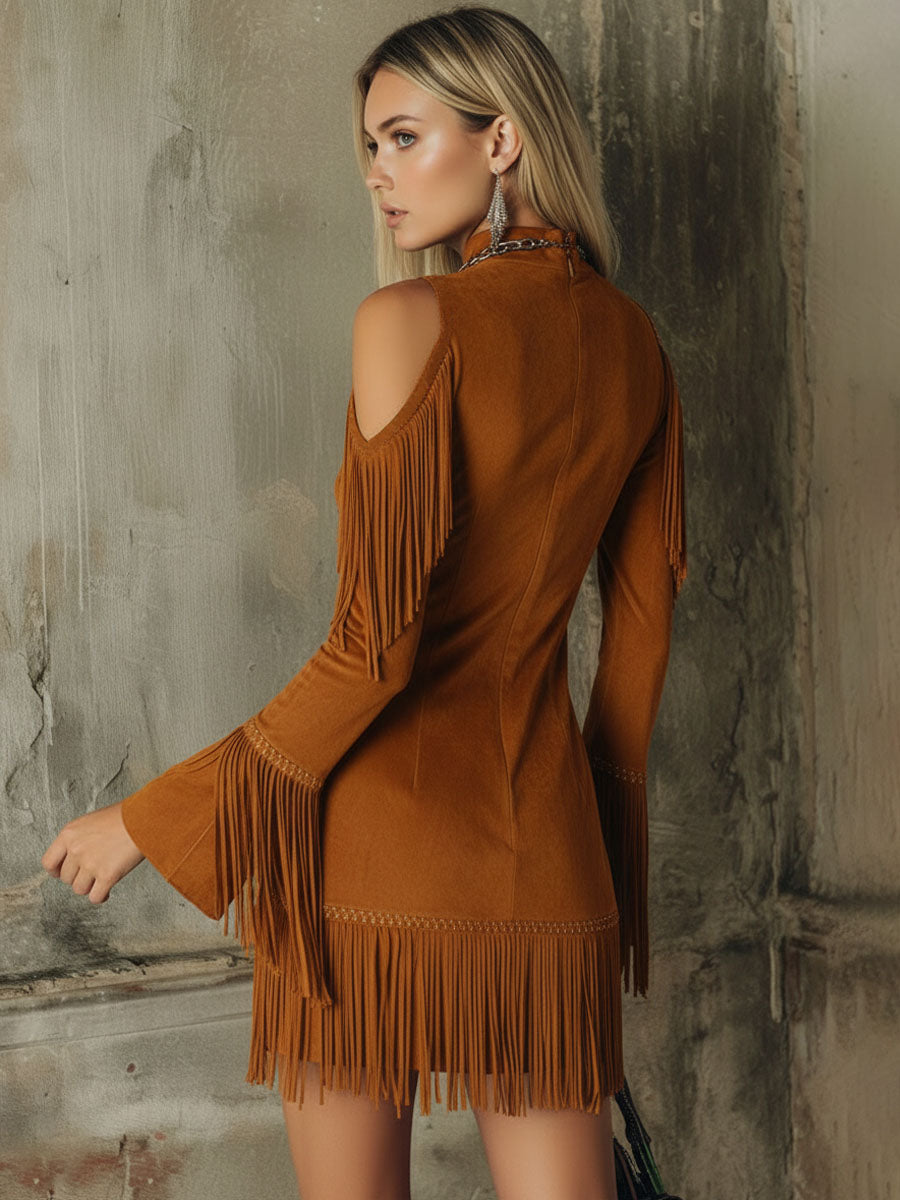 long sleeve suede fringe dress Fringe Dress