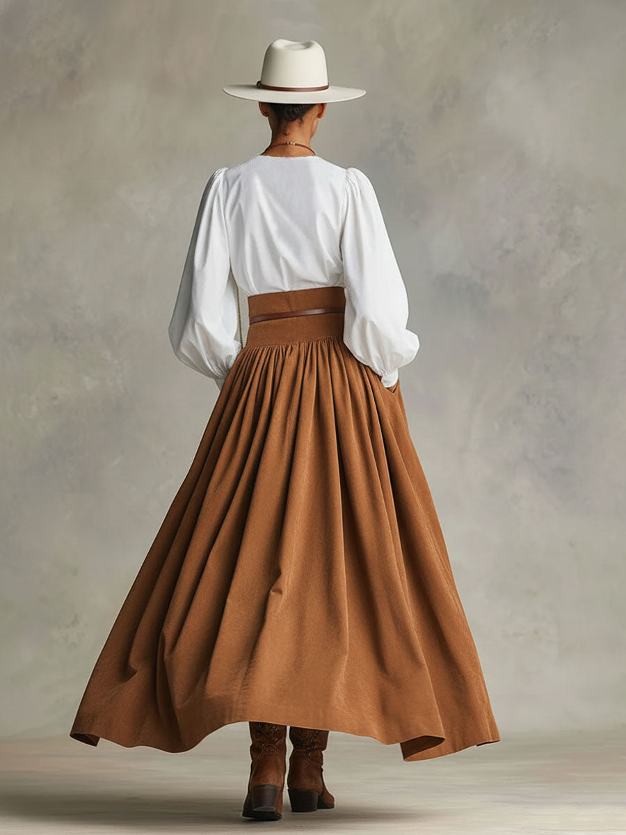 Retro-style Faux Suede High-waisted Pleated Midi Skirt