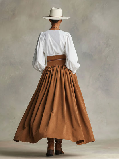 Retro-style Faux Suede High-waisted Pleated Midi Skirt