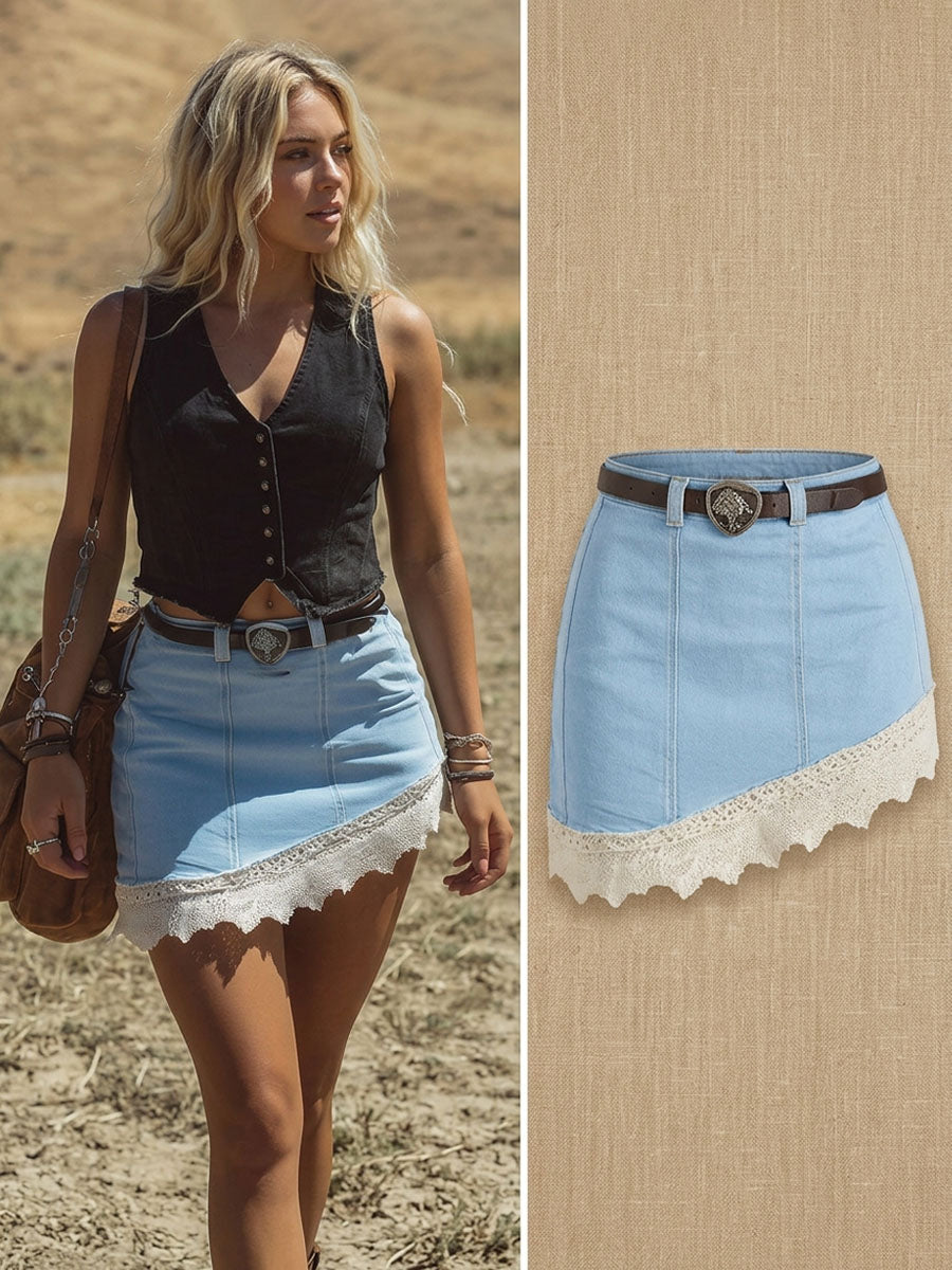 Retro Denim Patchwork Lace Trim Irregular Mini Skirt
