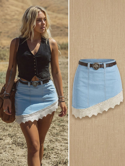 Retro Denim Patchwork Lace Trim Irregular Mini Skirt