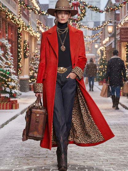 Lapel Single-breasted Leopard Print Wool Coat