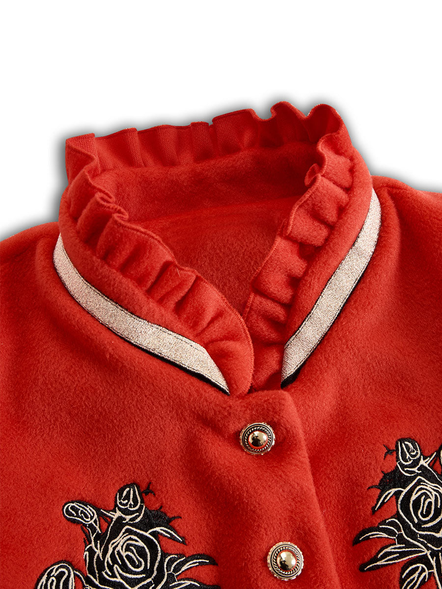 Ruffled Stand-up Collar Single-breasted Rose Embroidered Jacket