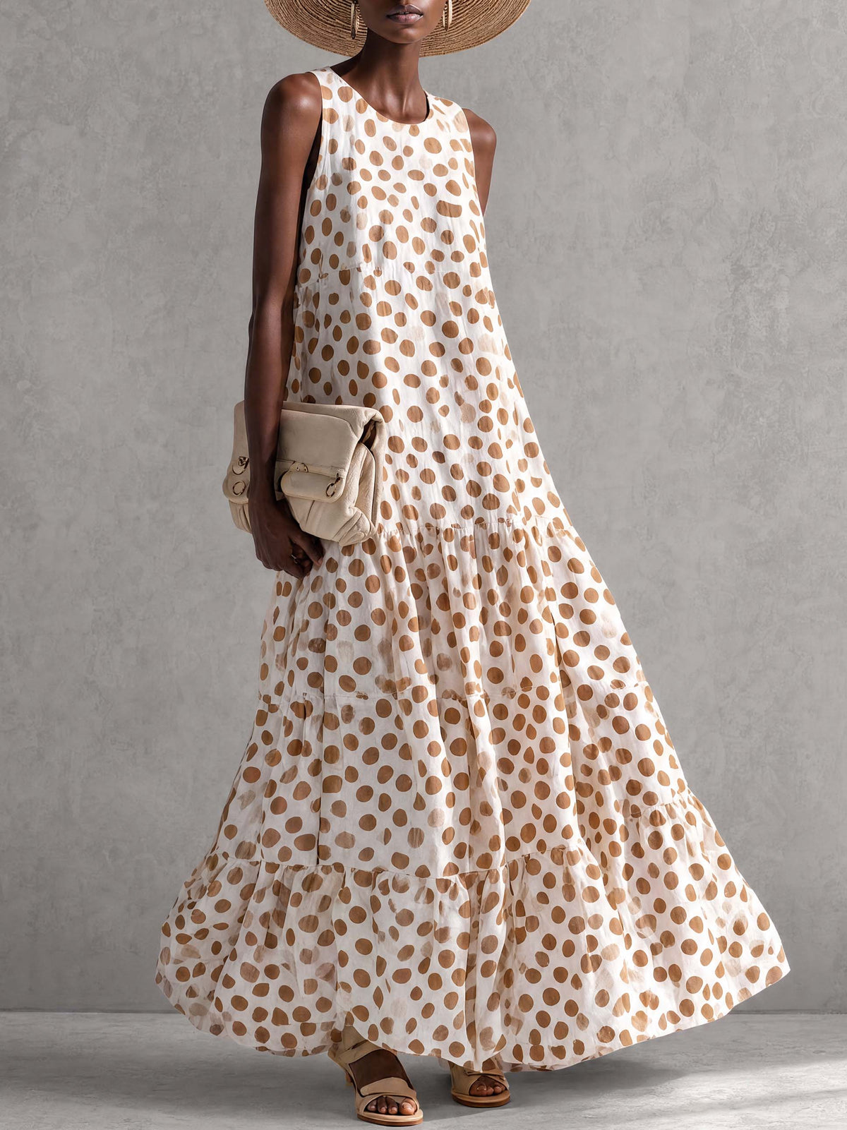 Fashionable Sophisticated Elegant Round Neck Sleeveless Polka Dot Printed Off-white Chiffon Vacation Maxi Dress