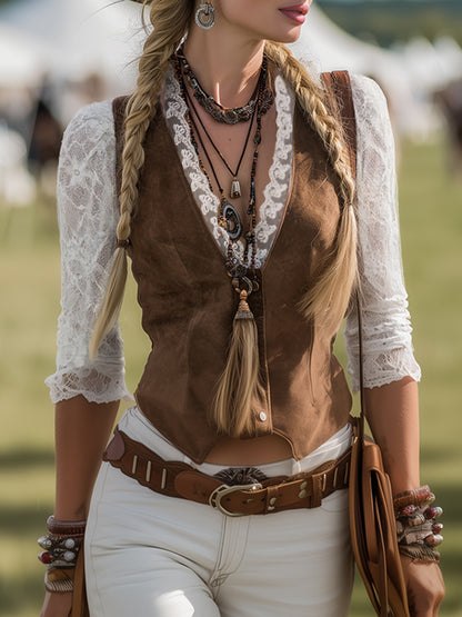 Romantic Western Style Lace Sleeves Brown Suede Shirt