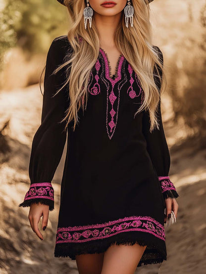 Fashion Western Pink Embroidery Black Mini Dress