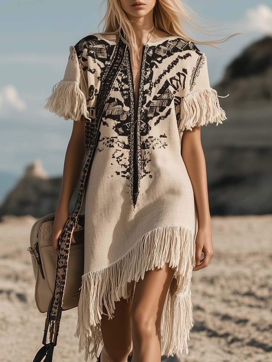 Loose Casual V-neck Short-sleeved Geometric Embroidery Tassel Beige Linen Mini Dress