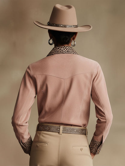 Western Retro Leopard Print Pink Faux Suede Long-Sleeve Shirt