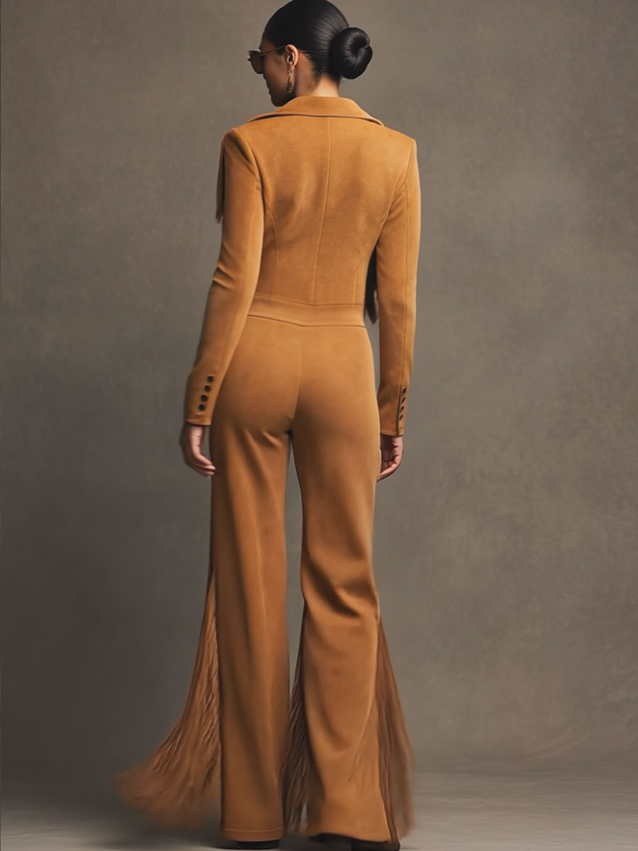 Western Retro Light Brown Faux Suede Zipper Tassel Long-Sleeved Jumpsuit