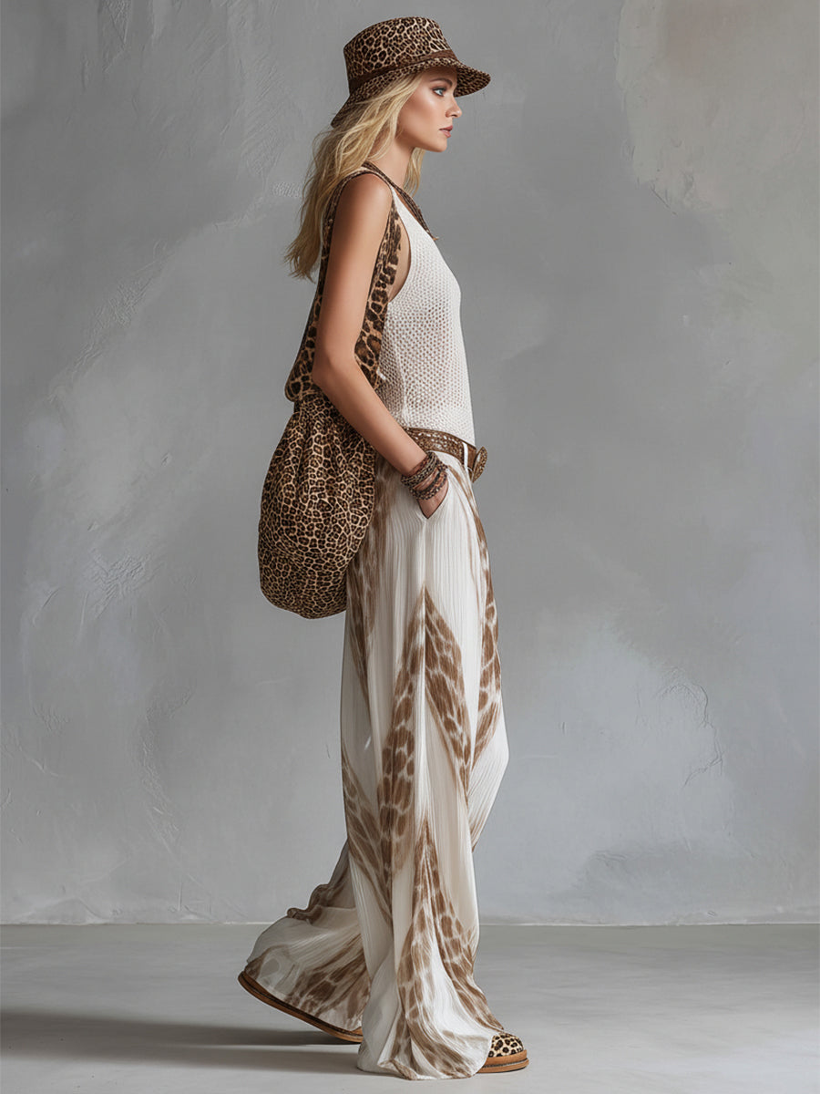 Elegant Vacation Style White Mesh Knit Tank Top Chiffon Printed Wide-leg Pants Set