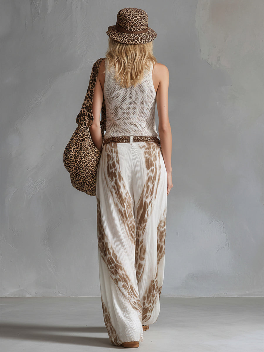 Elegant Vacation Style White Mesh Knit Tank Top Chiffon Printed Wide-leg Pants Set