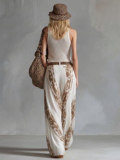 Elegant Vacation Style White Mesh Knit Tank Top Chiffon Printed Wide-leg Pants Set