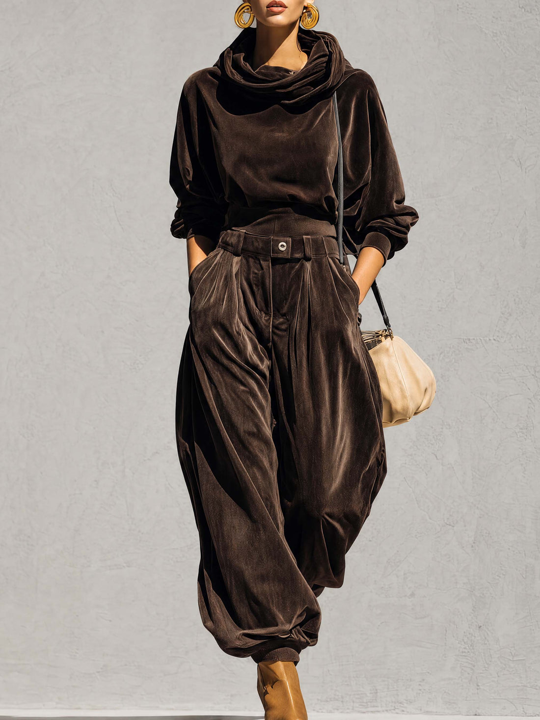 Vintage Sophisticated Casual Brown Velvet Hoodie And Loose Pants Set
