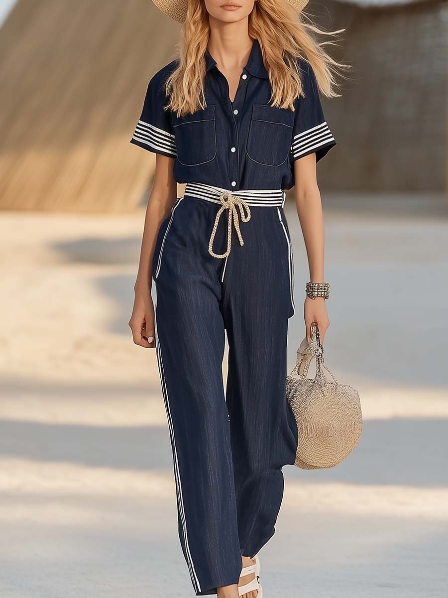 Elegant and Stylish Shirt Collar with Striped Trim Navy BlueJumpsuit