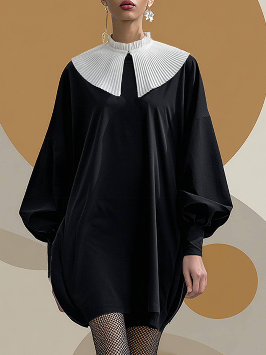 Elegant And Sophisticated White Lapel Black Matte Velvet Tulip-shaped Mini Dress