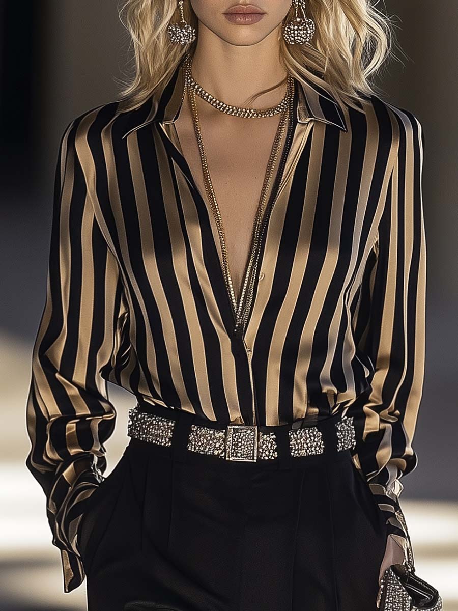 Simple and Fashionable V-neck Black and Gold Striped Printed Satin Blouse