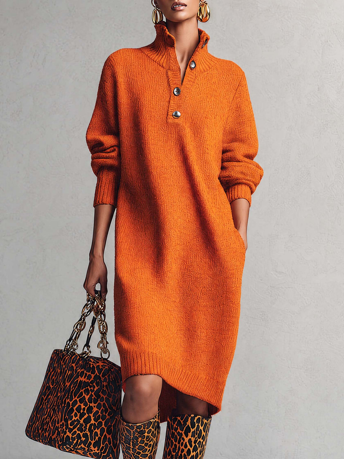 Comfortable And Fashionable Lapel Front Button Orange Knitted Midi Dress
