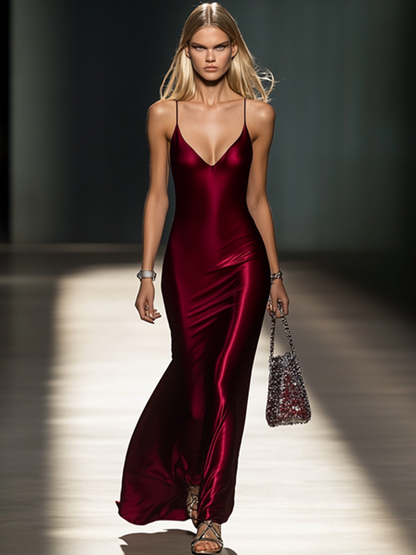 Elegant Red Satin Sleeveless Maxi Dress