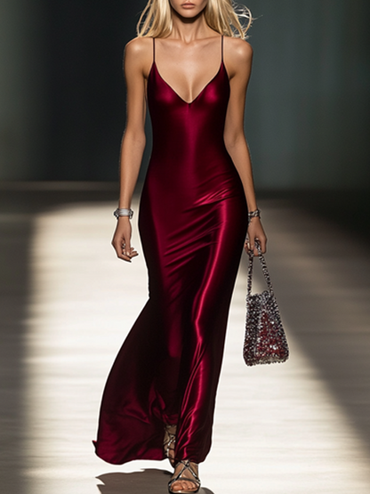 Elegant Red Satin Sleeveless Maxi Dress