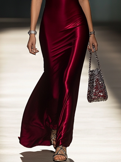 Elegant Red Satin Sleeveless Maxi Dress