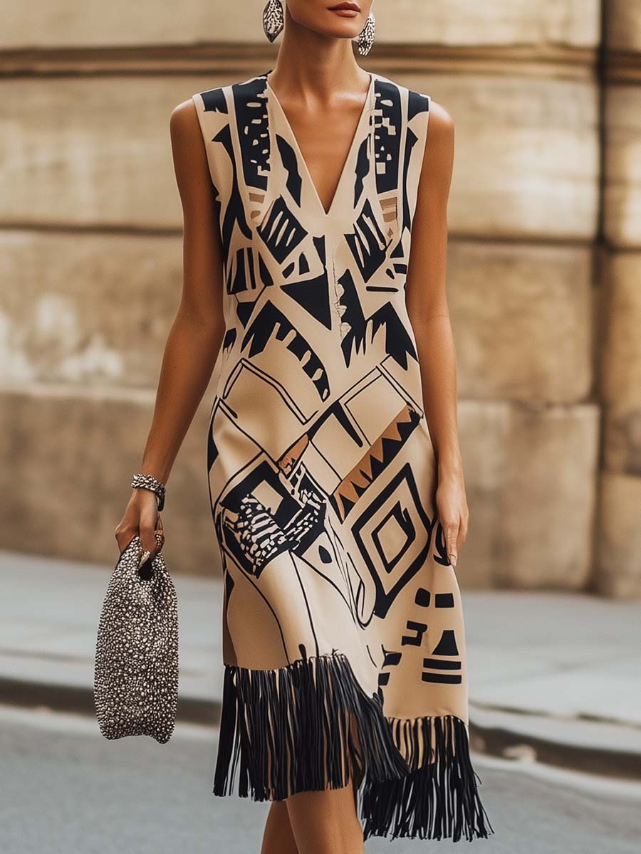 Fashionable V-neck Sleeveless Geometric Print Tassel Beige Midi Dress