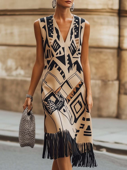 Fashionable V-neck Sleeveless Geometric Print Tassel Beige Midi Dress