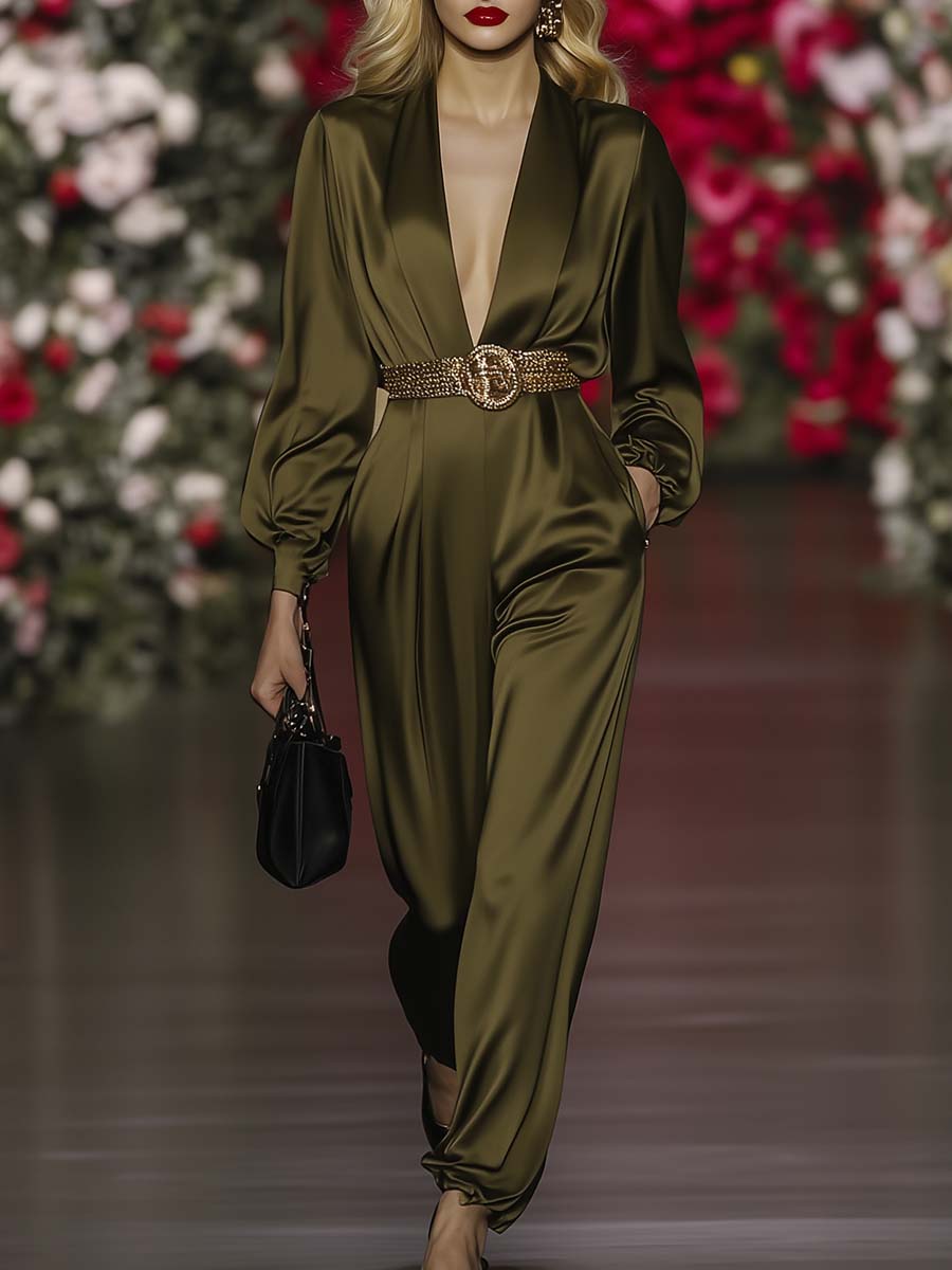 Elegant and Fashionable V-neck Belted Olive Green Satin Jumpsuit