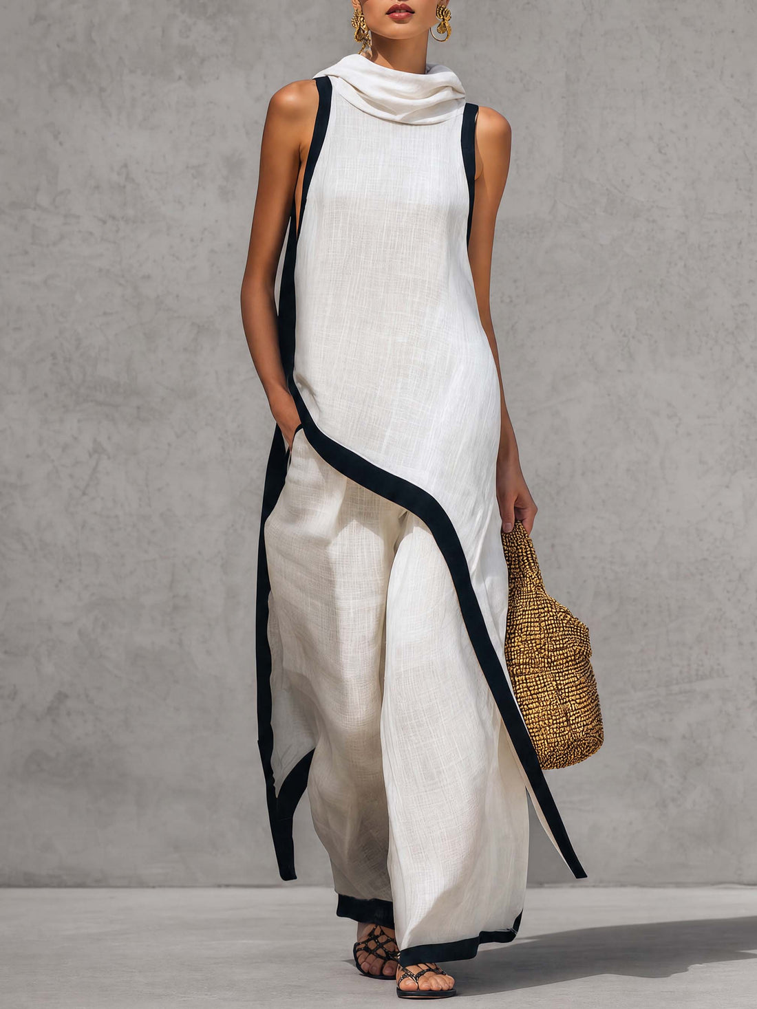 Temperament Casual Hooded White Black Trim White Cotton And Linen Asymmetrical Long Top And Pants Set