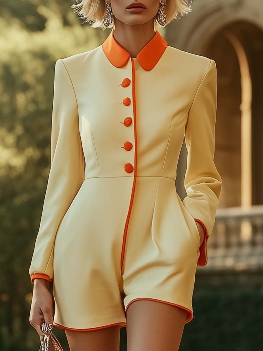 Exquisite Front Opening Orange Trim Light Yellow Shorts Jumpsuit