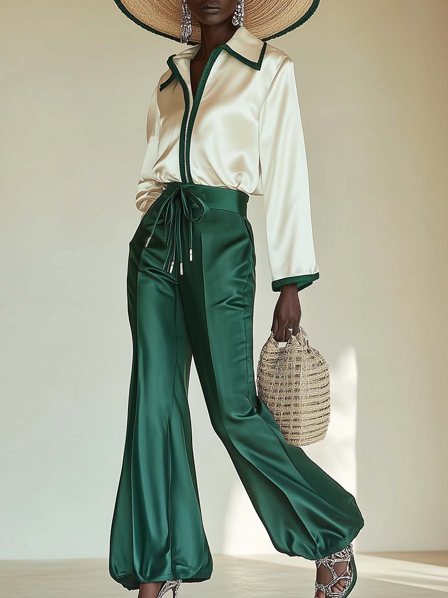 Elegant and Stylish Light Satin Off-white Top and Green Trousers Set