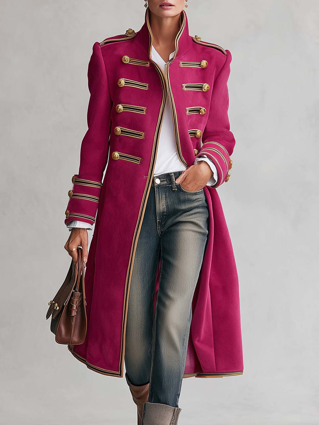 Vintage Military Magenta Gold Button Braided Trim Stand Collar Long Wool Coat