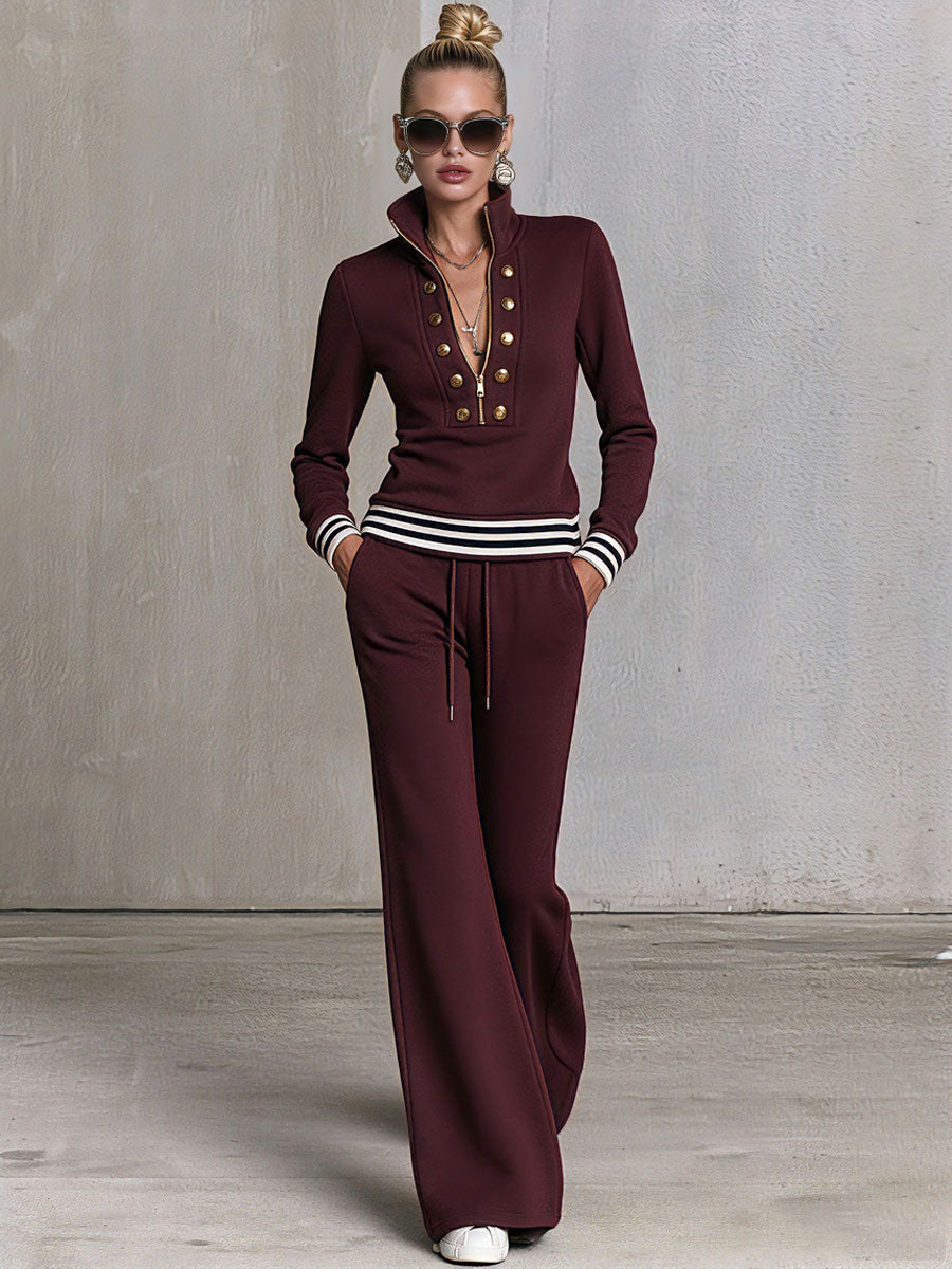Fashionable Sporty Grey Half-zip Button Sweatshirt And Wide-leg Pants Set