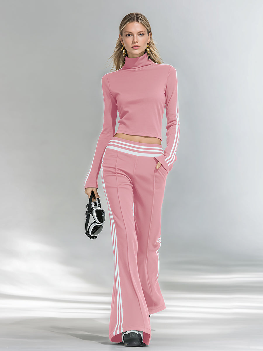 Sporty And Stylish Stand-up Collar T-shirt And Flared Pants Set
