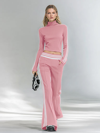 Sporty And Stylish Stand-up Collar T-shirt And Flared Pants Set