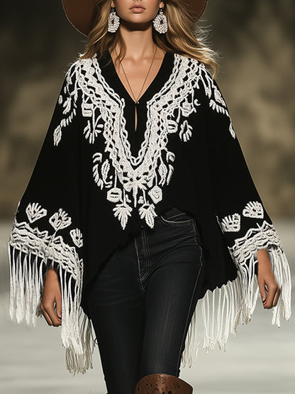 Retro Loose Ethnic Style Fringe Trim Black Cape Top