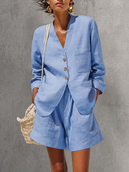 Casual Blue Cotton And Linen V-neck Top And Wide Leg Shorts Set