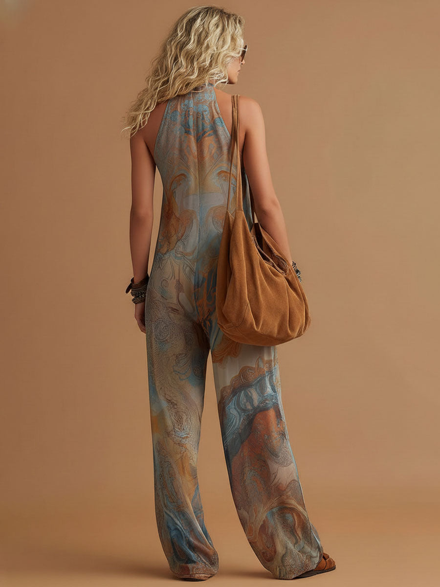 Vacation Retro Bohemian Print Chiffon Sleeveless Wide-Leg Jumpsuit