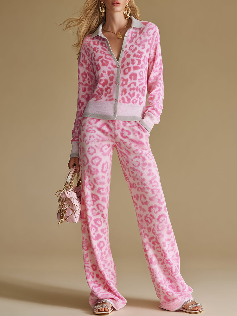Elegant And Retro Color-blocked Leopard Print Knitted Top And Pants Set.