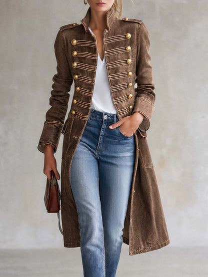 Vintage Washed Denim Military Officer Longline Gold-Button Fitted Statement Coat Women