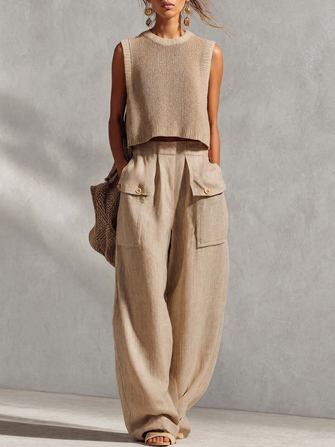 Casual Breathable Urban Style Beige Knitted Top And Cotton Pants Set