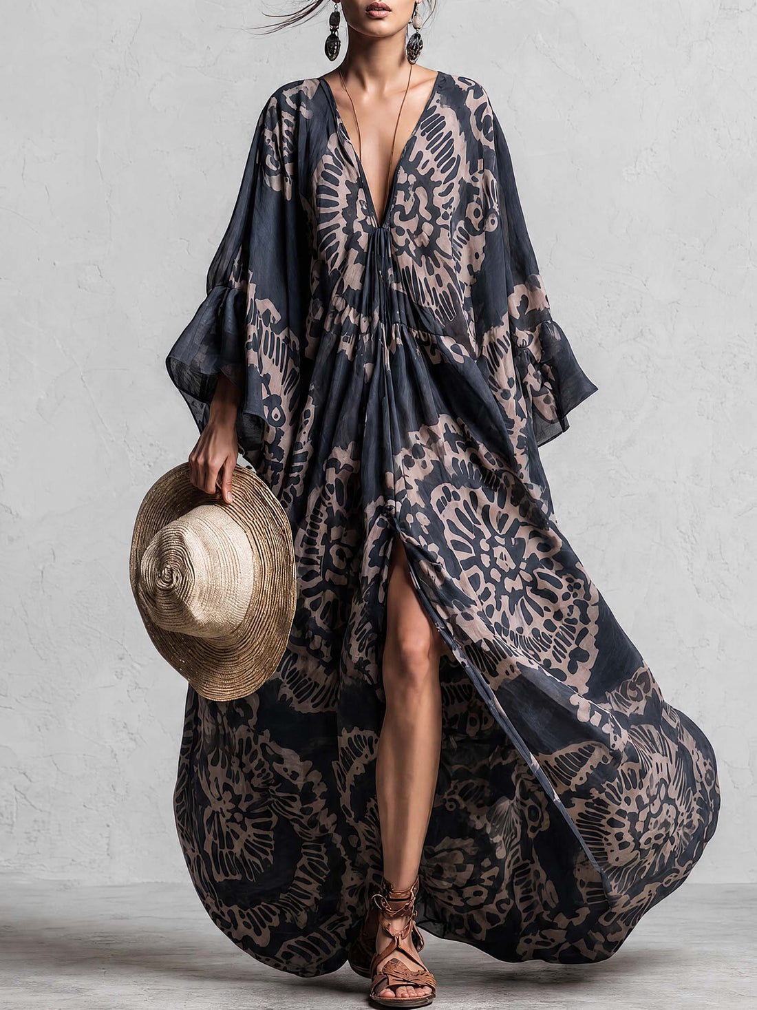 Elegant And Flowing Retro Print V-neck Dark Blue Chiffon Slit Maxi Dress