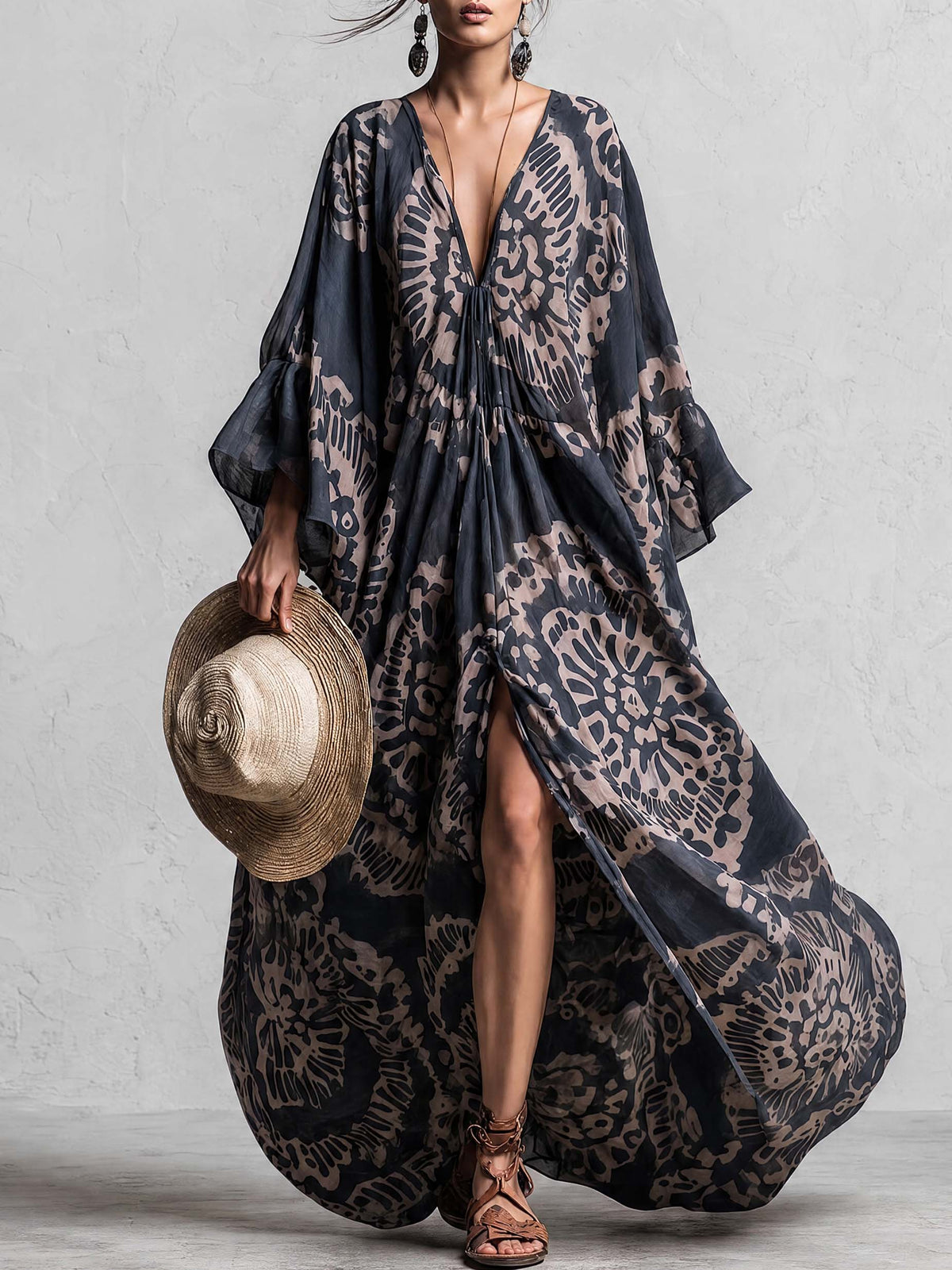 Elegant And Flowing Retro Print V-neck Dark Blue Chiffon Slit Maxi Dress
