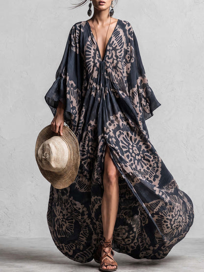 Elegant And Flowing Retro Print V-neck Dark Blue Chiffon Slit Maxi Dress
