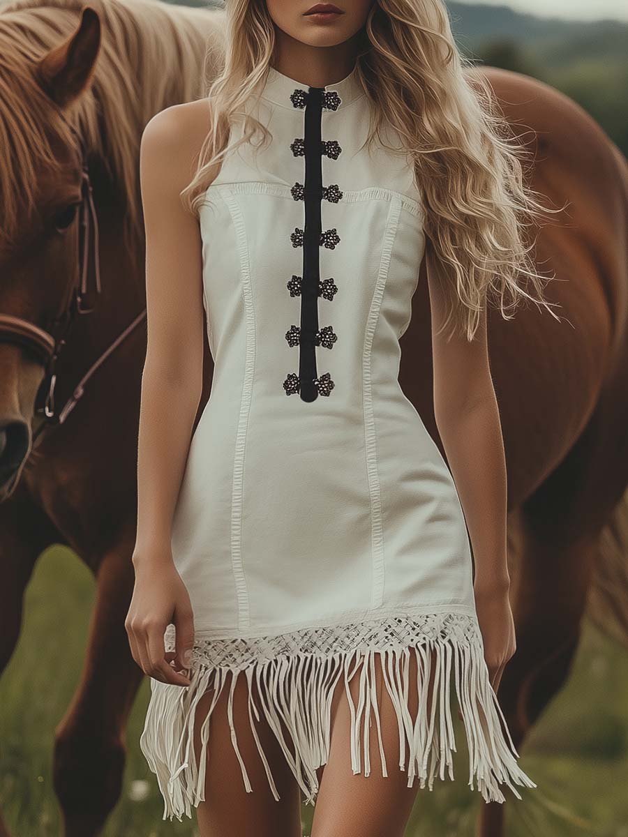 Elegant Sleeveless Contrast Color Buttoned White Tassel Mini Dress