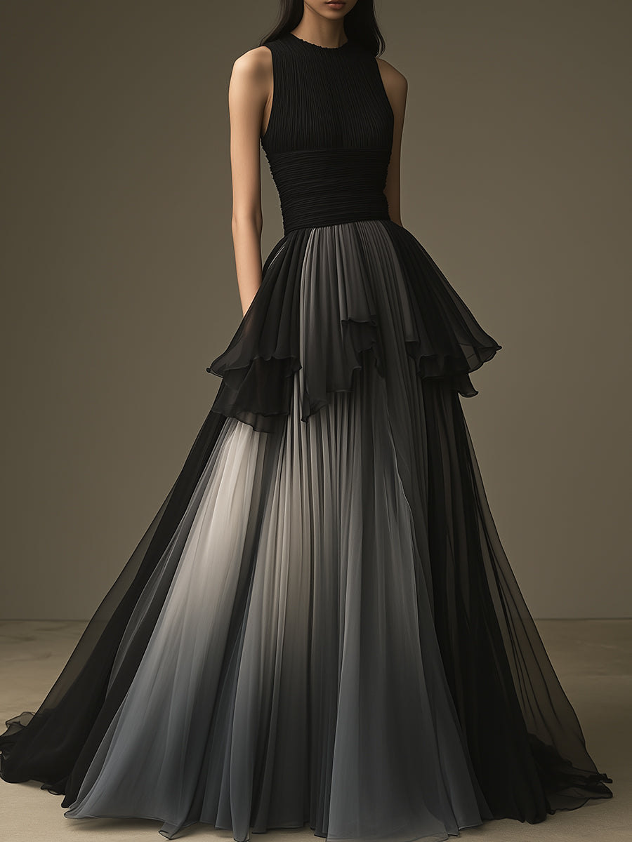 High-end Elegant Black and Grey Gradient Sleeveless Maxi Dress