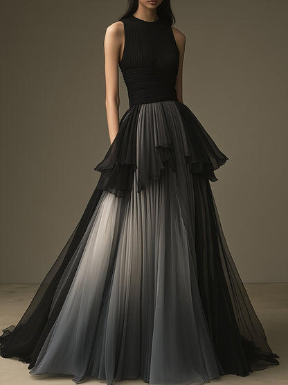 High-end Elegant Black and Grey Gradient Sleeveless Maxi Dress