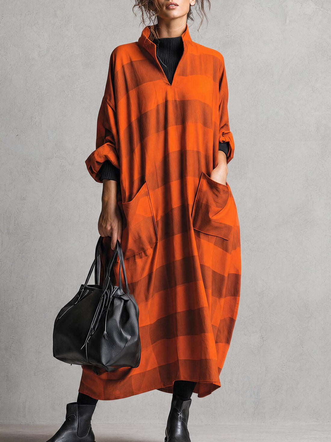 Vintage Fashion Ultra Loose V-neck Large Pockets Orange And Brown Wide Striped Maxi Dress
