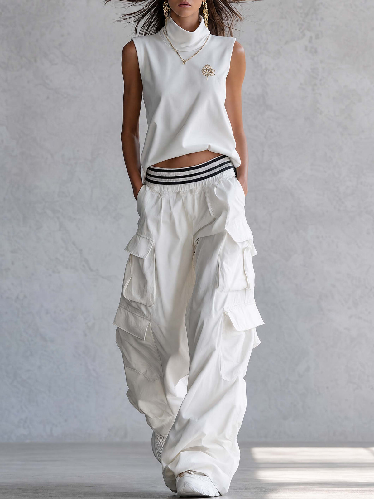 Exquisite Fashion Athletic Workwear Style White Cotton Sleeveless Top With A Mock Neck And  Pants Set